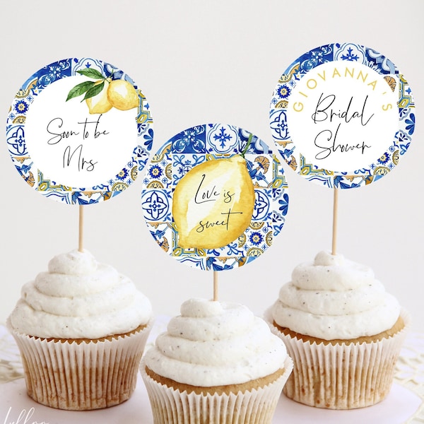 Editable Blue Tiles and Lemons Bridal Shower Cupcake Toppers, Italy Bridal Shower Cake Labels, Printable Template Instant Download 044