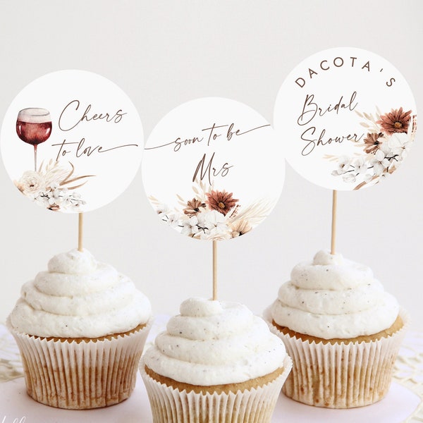 Toppers editables para cupcakes de despedida de soltera de vino, etiquetas de pastel de ducha Cheers to Love, etiquetas de degustación de vinos, plantilla imprimible, descarga instantánea 785