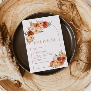 Pumpkin  Bridal Shower Invitation Template, Fall in Love Boho Arch Bridal Shower Arched Invite, Fall Floral Bridal Brunch, Download 587