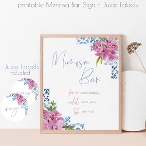 Bougainvillea Blue Tiles Mimosa Bar Sign Printable, Mediterranean Bubbly Bar, Mimosa Juice Labels, Bridal Shower Decor, Instant Download 144