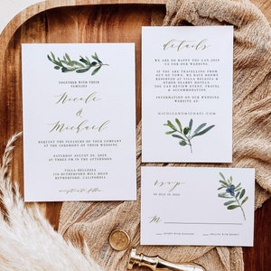 Elegante modello di invito per matrimonio in ulivo, invito per matrimonio verde, suite per matrimonio italiano, matrimonio in Grecia, download immediato modificabile 034