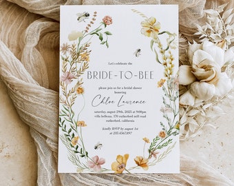 Modèle d'Invitation pour la douche nuptiale mariée aux abeilles, invitation florale pour le brunch de la mariée abeille, fleurs sauvages, téléchargement immédiat modifiable 328