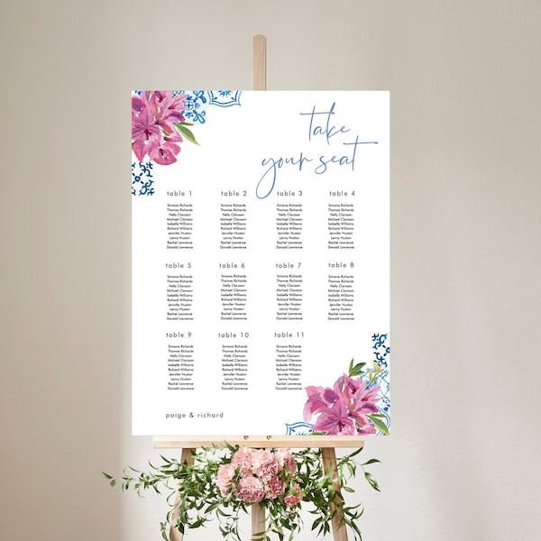 Blue Tiles Bougainvillea Seating Chart Template, Azulejo Theme Seating Wedding, Mediterranean Table Chart, Printable, Instant Download 144