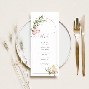 Carte de menu de spa de douche nuptiale de spa, menu de bachelorette de spa arqué, modèle modifiable de liste de traitement de station thermale Téléchargement instantané 352
