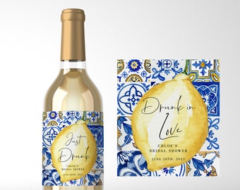 Lemons Bridal Shower Wine Label, Italian Blue Tiles and Lemons Bridal Shower Wine Labels, Template Editable Printable Download 044