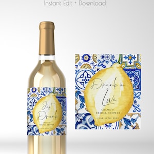 Lemons Bridal Shower Wine Label, Italian Blue Tiles and Lemons Bridal Shower Wine Labels, Template Editable Printable Download 044