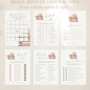 May include: A set of printable bridal shower games with a book stack theme. The games include "Bridal Binge", "Would She Rather", "Advice", "Honey Do List", "Literary Loves", and "Over or Under".