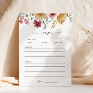 Wildflower Bridal Shower Recipe Card, Floral Recipe Request, Love in Bloom Bridal Shower Games, Editable Printable Instant Download 455