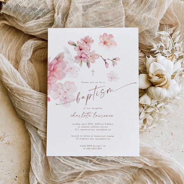 Sakura Cherry Blossom Baptism Invitation Template, Spring Pink Floral Holy Communion Invite, Flower Christening, Instant Download 838