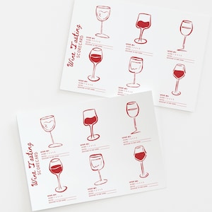 May include: Two white rectangular wine tasting scorecards featuring red ink illustrations of wine glasses. Each card includes the text Wine Tasting Scorecard and provides designated sections for wine numbers, ratings, notes, and tasting details.