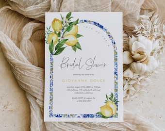 Mediterranean Lemon Bridal Shower Invitation Template, Italian Blue Tiles Bridal Shower Arched Invite, Main Squeeze, Instant Download 044