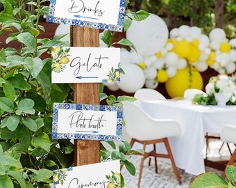 Blue Tiles and Lemon Wedding Signposts, Mediterranean Bridal Shower Road Signs, Lemon Direction Pointer Signs, Editable Template, 044