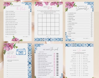 Editable Bougainvillea and Blue Tiles Bridal Shower Game Bundle, Mediterranean Bridal Shower Games Printable, Instant Download 144