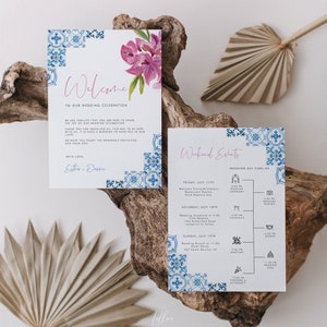 Modello di cronologia del fine settimana di matrimonio con piastrelle blu e bouganville, programma di matrimonio greco, ordine mediterraneo degli eventi, download istantaneo 144