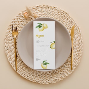 Modelo de menu de limão, menu de casamento cítrico da Itália para impressão, menu principal de casamento, editável, download instantâneo, 011