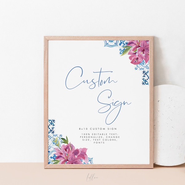 Blue Tiles Bougainvillea Wedding Custom Sign Template, Mediterranean Wedding Table Poster, Azulejo Sign, Editable Instant Download 144