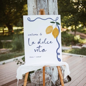 Cartello di benvenuto per matrimonio italiano disegnato a mano, cartello di ricevimento con limone stravagante, segnaletica Dolce Vita, modello modificabile stampabile da scaricare 481
