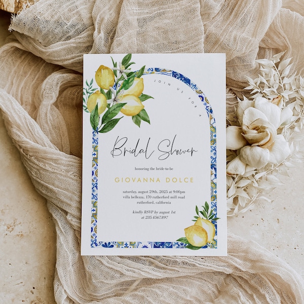 Mediterranean Lemon Bridal Shower Invitation Template, Italian Blue Tiles Bridal Shower Arched Invite, Main Squeeze, Instant Download 044