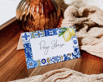 Lemon Blue Tiles Table Place Card Template, Italian Wedding Escort Card, Mediterranean Name Card, Place Seating Card, Instant Download 044