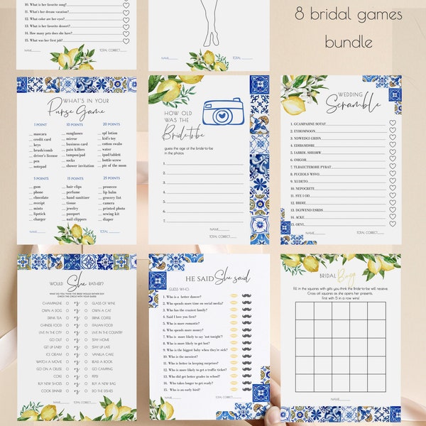 Editable Blue Tiles and Lemons Bridal Shower Game Bundle, Italy Bridal Shower Games Printable, Instant Download 044