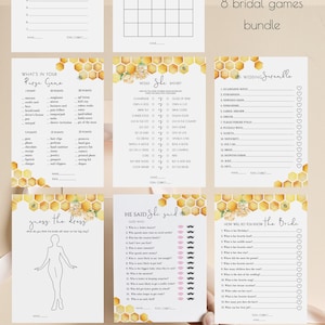 Peut inclure: Ensemble de huit jeux de douche nuptiale imprimables avec un design en nid d'abeille et floral. Les jeux incluent "Quel âge avait la future mariée", "Bingo de mariage", "Qu'y a-t-il dans votre sac à main" et "Il a dit, elle a dit". Modèles numériques et modifiables.