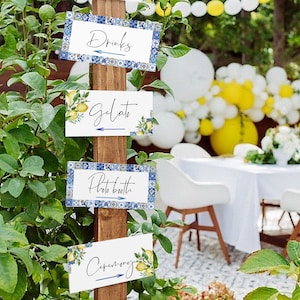 Piastrelle blu e cartelli per matrimoni al limone, segnali stradali per la doccia nuziale mediterranea, segnali di puntatore di direzione al limone, modello modificabile, 044