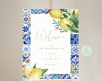 Blue Tiles Lemon Wedding Welcome Sign, Mediterranean Wedding, Italian Wedding, Positano Printable Template, Instant Download 044