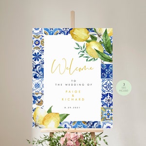 Cartello di benvenuto per matrimonio con piastrelle blu e limone, matrimonio mediterraneo, matrimonio italiano, modello stampabile Positano, download istantaneo 044