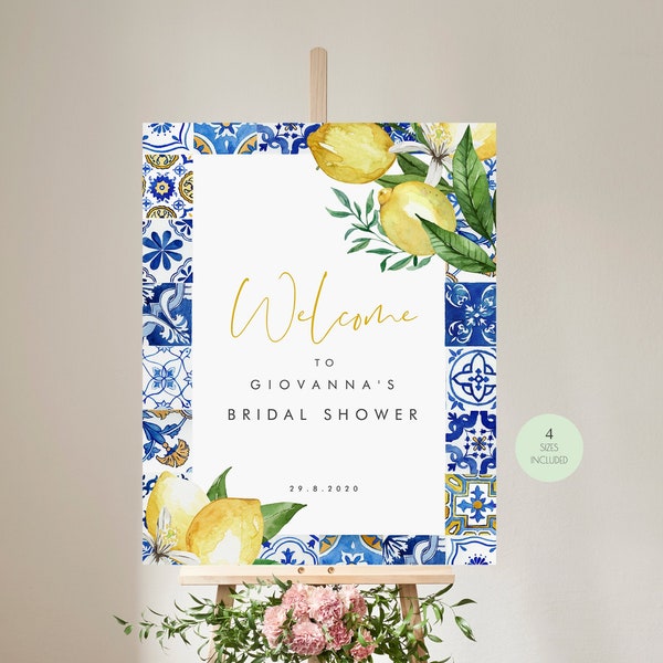 Blue Tiles Lemon Bridal Shower Welcome Sign, Mediterranean Bridal Shower, Italian Bridal, Positano Printable Template, Instant Download 044