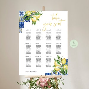 Blauwe tegels citroen zitplaatsen grafiek sjabloon, Italië thema zitplaatsen bruiloft, Citrus nTable grafiek, afdrukbaar, Instant Download 044