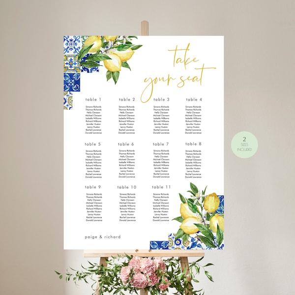 Blue Tiles Lemon Seating Chart Template, Italy Theme Seating Wedding, Citrus nTable Chart, Printable, Instant Download 044