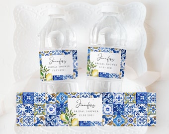 Classic Italian Water Bottle Label Template: Lemon and Blue Tiles Label (Editable 044)