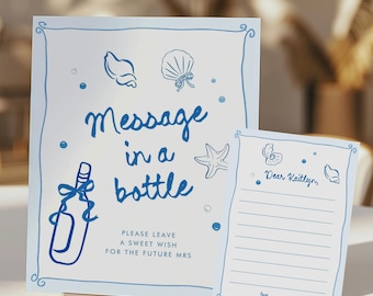 Message in a Bottle Sign and Card: Costal Bridal Shower Decor (Editable Templates 459)