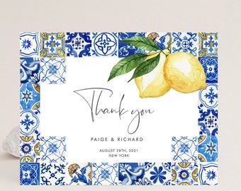 Plantilla de tarjeta de agradecimiento de limón de azulejos azules, tarjeta de agradecimiento italiana, agradecimiento mediterráneo, plegado, imprimible, descarga instantánea 044