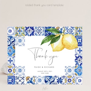 Plantilla de tarjeta de agradecimiento de limón de azulejos azules, tarjeta de agradecimiento italiana, agradecimiento mediterráneo, plegado, imprimible, descarga instantánea 044