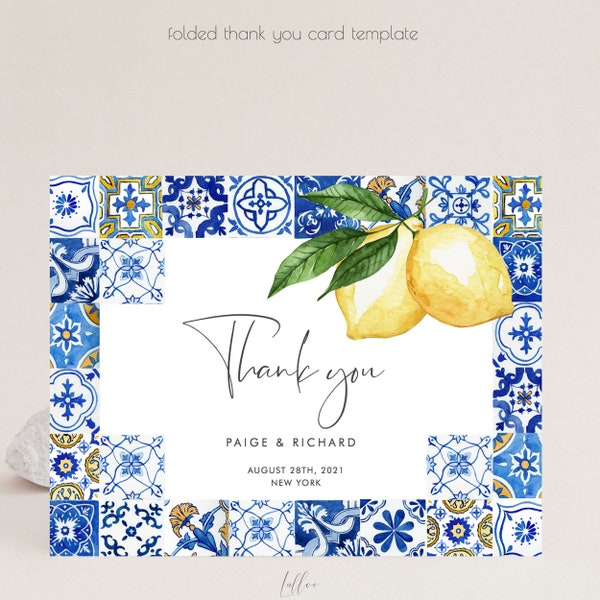 Blue Tiles Lemon Thank You Card Template, Italian Thank you card, Mediterranean Thank You, Folded, Printable, Instant Download 044