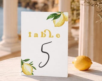 Lemon Table Number Template, Italy Wedding Reception, Main Squeeze Decor, Editable 011