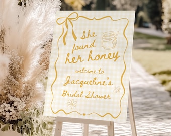 She Found Her Honey Bridal Shower Welcome Sign: Bee Decor (Editable Canva Template 345)