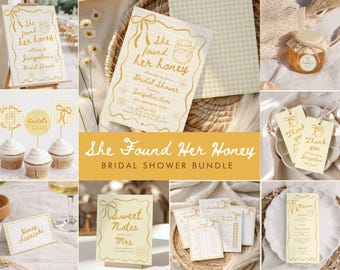 She Found Her Honey Bridal Shower Bundle: Bee Games & Signs (Editable Canva Templates 345)
