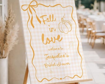 Fall in Love Bridal Shower Welcome Sign: Pumpkin & Orange Check (Editable Canva Template 567)
