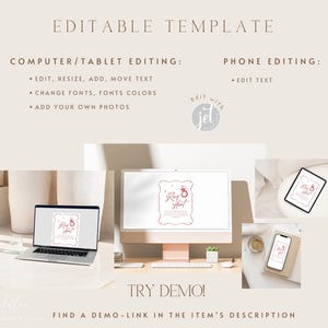 May include: A digital template with the text "Editable Template" at the top. The image shows a laptop, desktop computer, tablet, and phone displaying a design with the text "Ring Hunt". Instructions for editing are included.