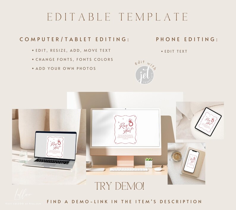 May include: A digital template with the text "Editable Template" at the top. The image shows a laptop, desktop computer, tablet, and phone displaying a design with the text "Ring Hunt". Instructions for editing are included.
