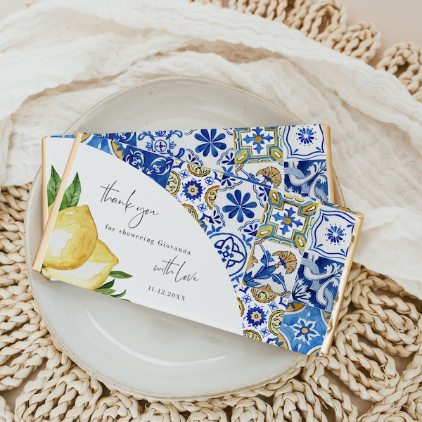 Blue Tiles Lemon Chocolate Wrapper Template, Italian Bridal Shower Favor, Main Squeeze Thank You, Hershey  and Aldi  Editable Download 044