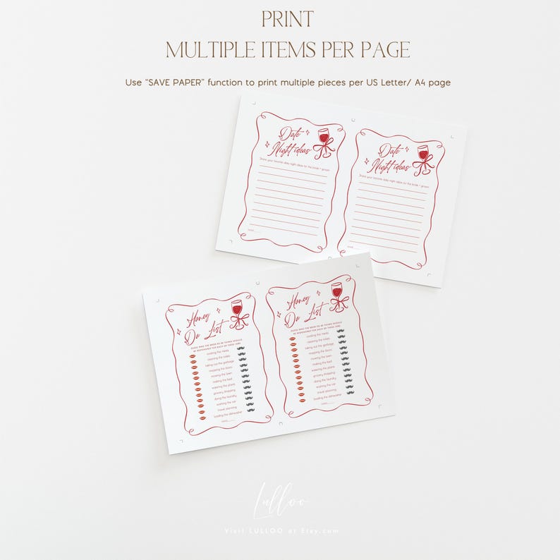May include: White paper sheets with red decorative borders and text. The sheets are labeled "Date Night Ideas" and "Honeymoon Do List" with a wine glass graphic. The text "PRINT MULTIPLE ITEMS PER PAGE" is at the top.