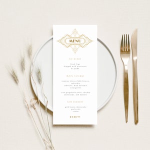 Art-Deco-Menüvorlage, Gatsby-Party-Menü zum Ausdrucken, Roaring 20s-Hochzeitsmenü, Gold Art-Deco-Brautmenü bearbeitbar Sofortdownload, 192