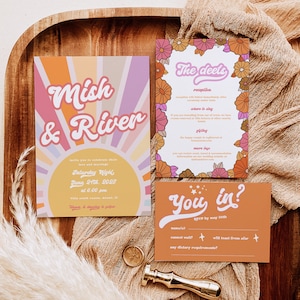 Groovy Wedding Invitation Template, 70&#39;s Retro Wedding Invite, Hippie Wedding, Disco Funky 70s Editable Printable, Instant Download 244