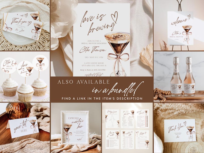 May include: A set of printable bridal shower party decorations with a coffee and espresso theme. The decorations include a welcome sign, thank you cards, cupcake toppers, and a sign for an espresso martini bar. The design features a watercolor illustration of a coffee drink with a heart and the text "Love is Brewing".
