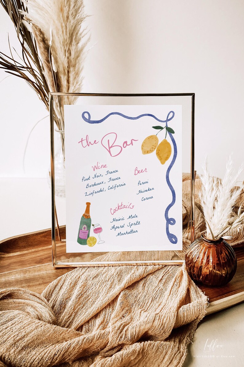 hand drawn Italian bar menu sign with wavy boarder and lemons for main squeeze bridal shower or Amalfi wedding whimsical