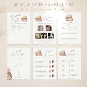 May include: A set of printable bridal shower games featuring a book theme. The games include "Storybook Character Match", "Where Were They", "Guess the Dress", "He Said She Said", and "Saying I Love You".