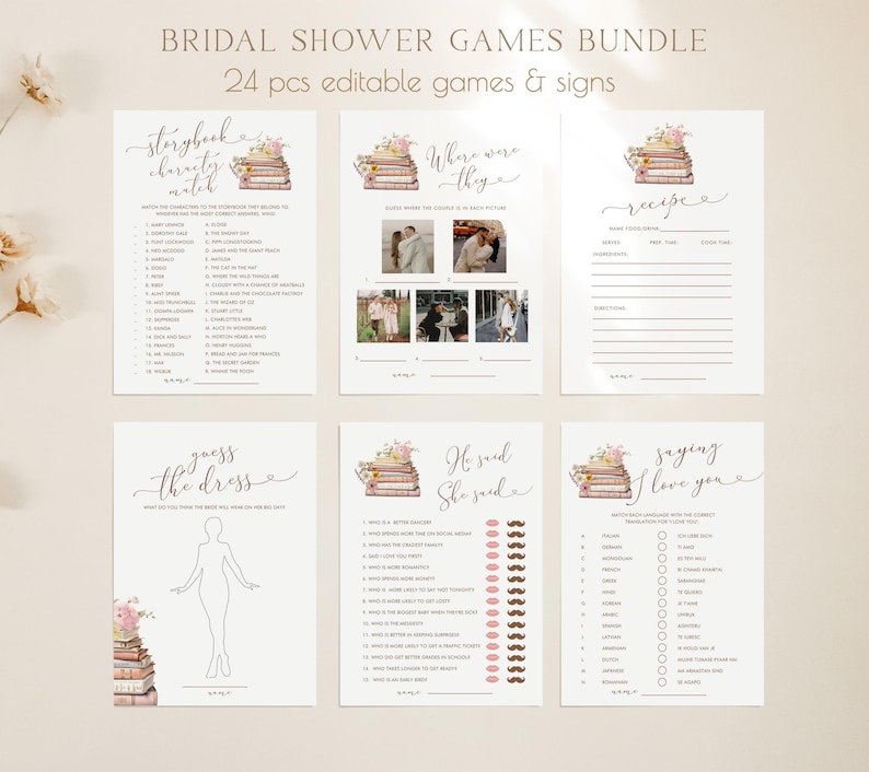 May include: A set of printable bridal shower games featuring a book theme. The games include "Storybook Character Match", "Where Were They", "Guess the Dress", "He Said She Said", and "Saying I Love You".